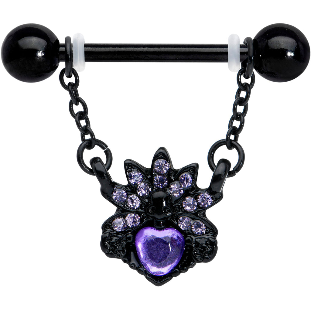 BodyCandy 14G 9/16 Purple Gem Black Skull Blossom Dangle Nipple Ring Set — detail close-up