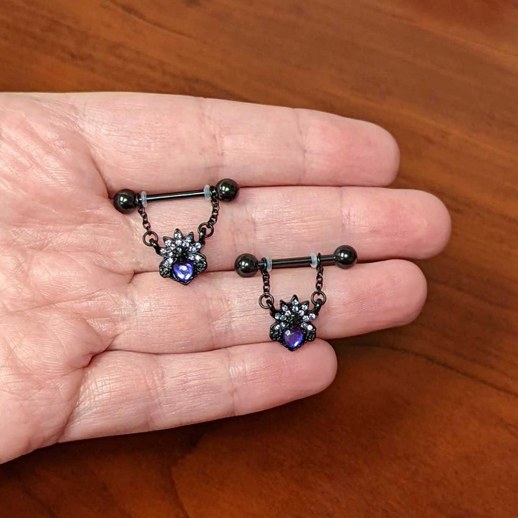 BodyCandy 14G 9/16 Purple Gem Black Skull Blossom Dangle Nipple Ring Set — side view