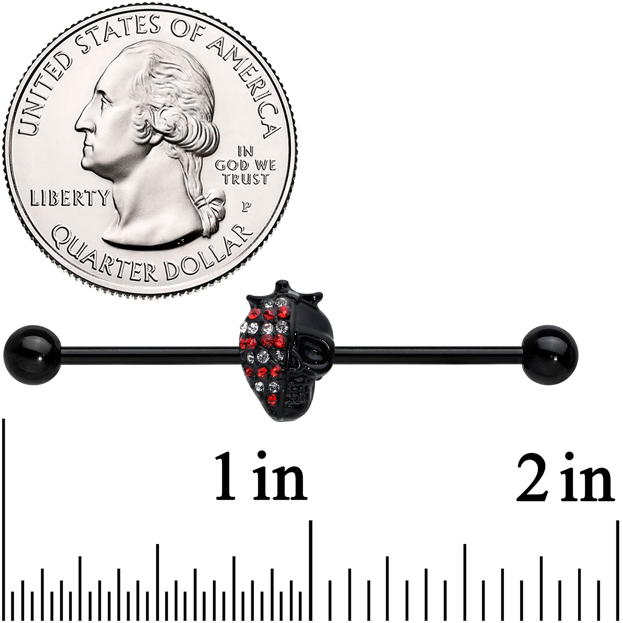BodyCandy 14G Clear Red Gem Black Skull Halloween Industrial Barbell 38mm — detail close-up