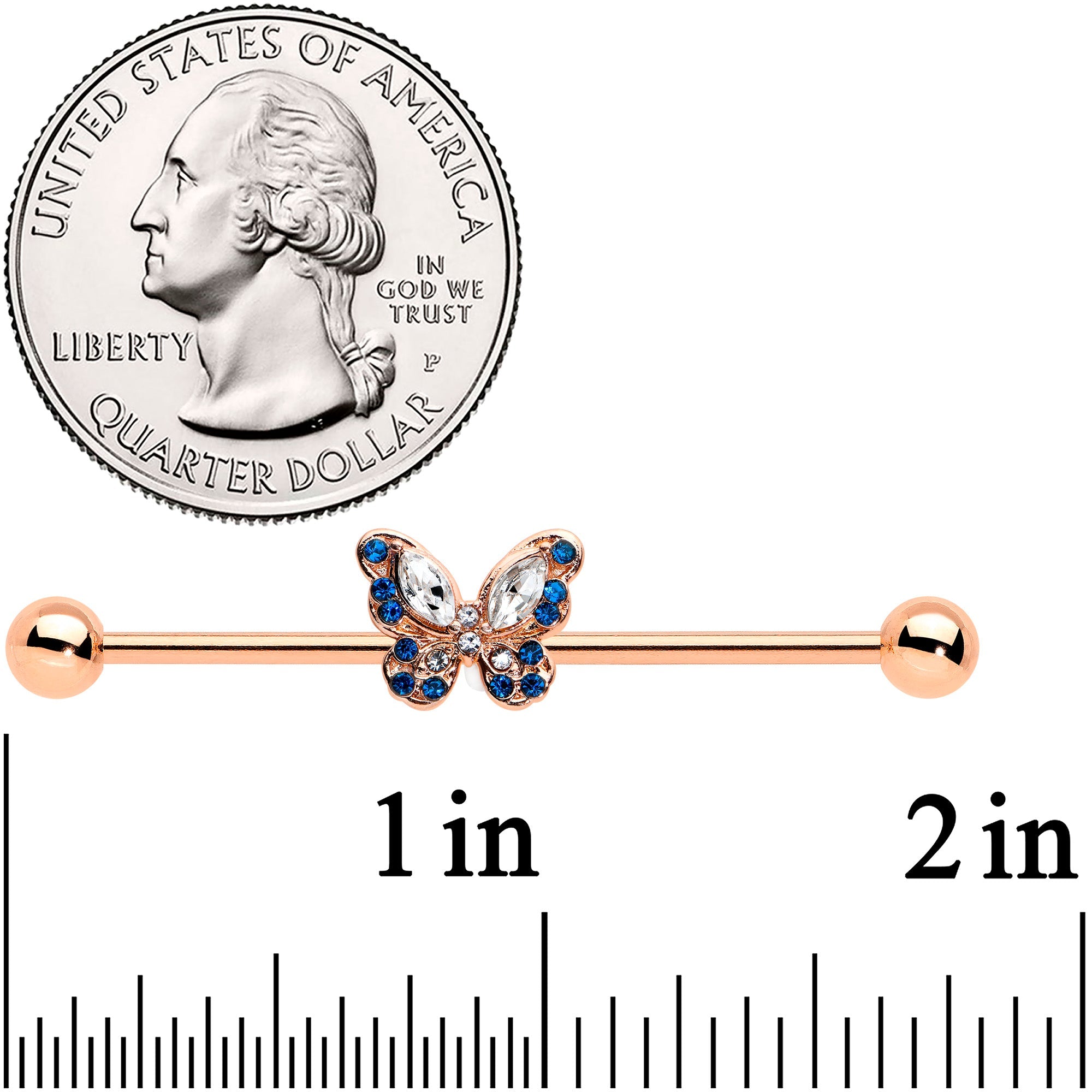 BodyCandy 14G Blue Gem Rosy Tone Butterfly Wings Industrial Barbell 38mm — detail close-up