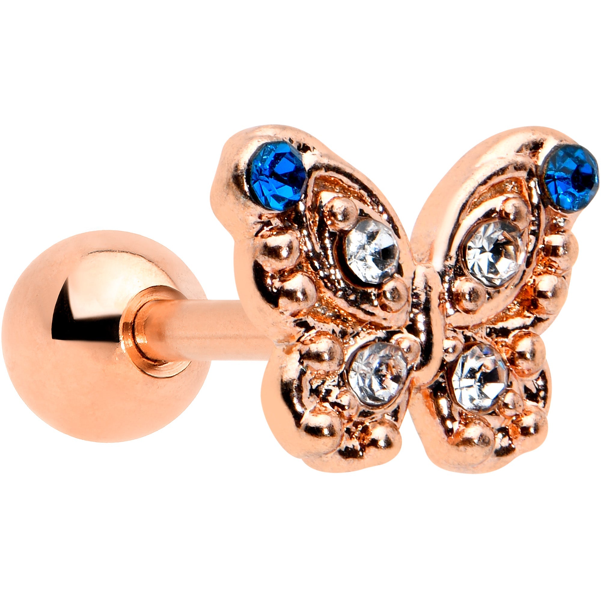 BodyCandy 16G 1/4 Blue Gem Rose Gold Tone Butterfly Cartilage Tragus — main product shot