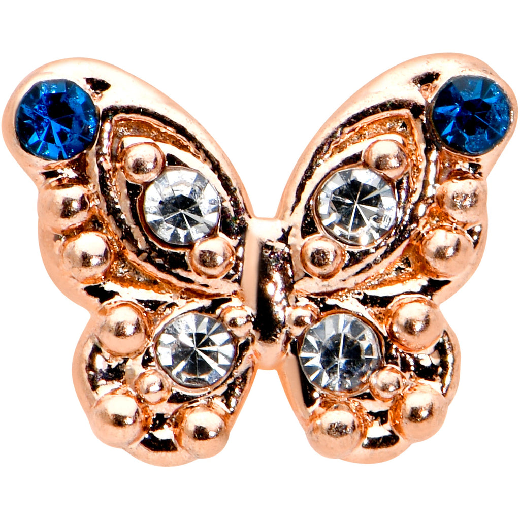BodyCandy 16G 1/4 Blue Gem Rose Gold Tone Butterfly Cartilage Tragus — detail close-up