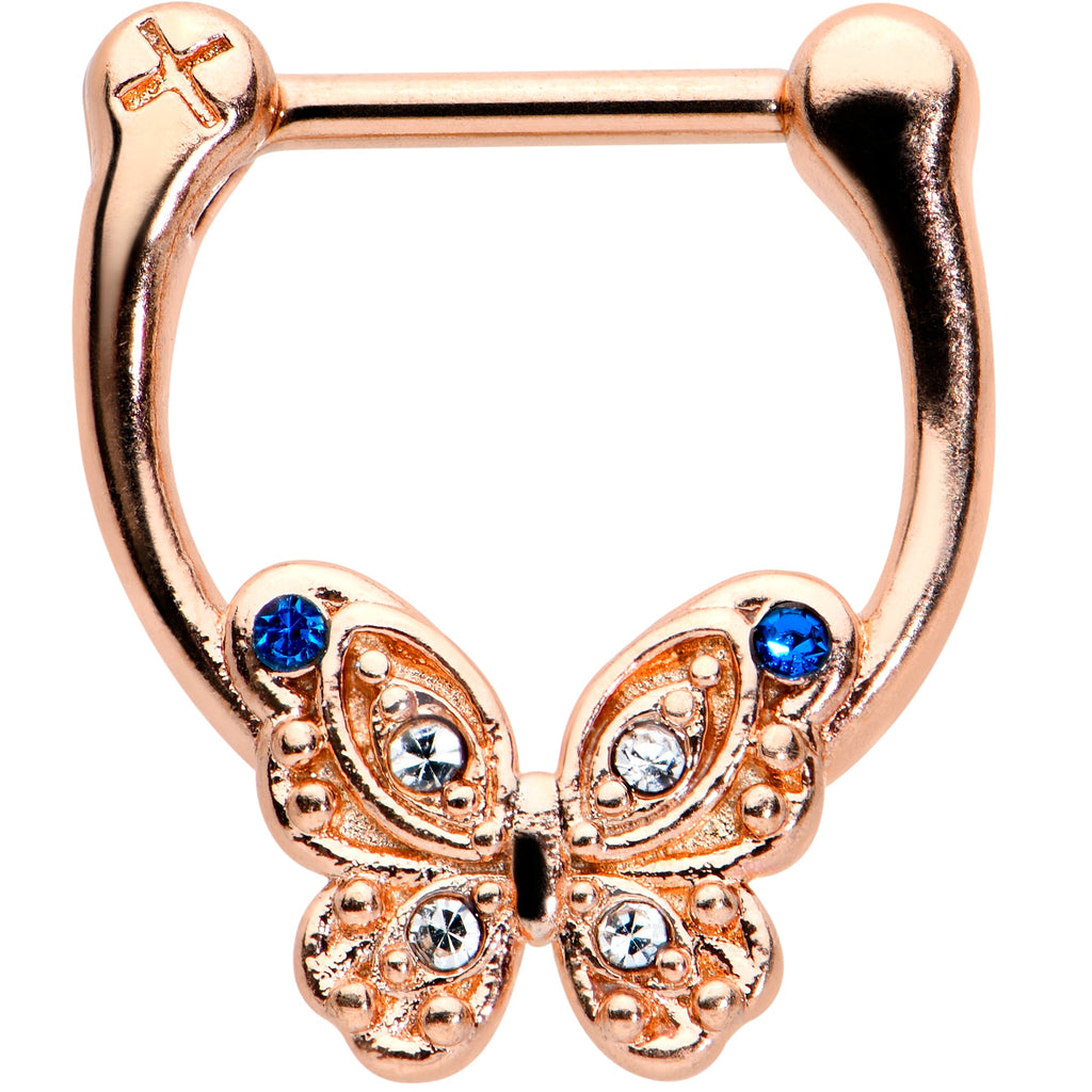BodyCandy 16G 5/16 Blue Gem Rose Gold Tone Butterfly Cartilage Clicker — main product shot