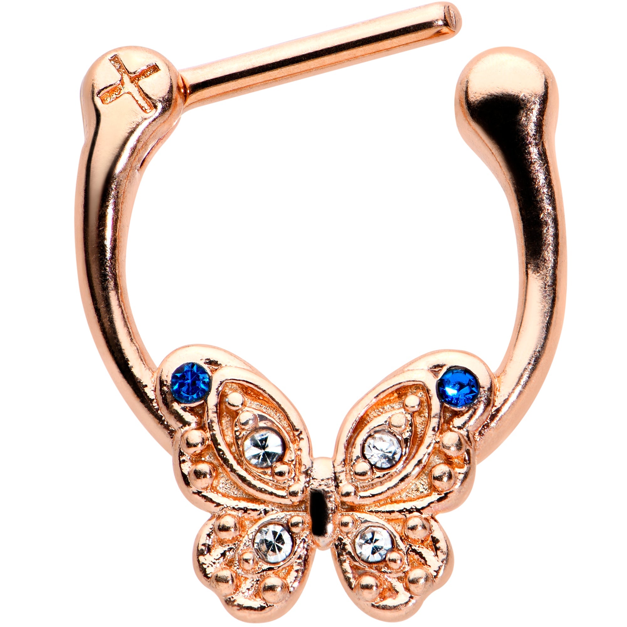 BodyCandy 16G 5/16 Blue Gem Rose Gold Tone Butterfly Cartilage Clicker — detail close-up