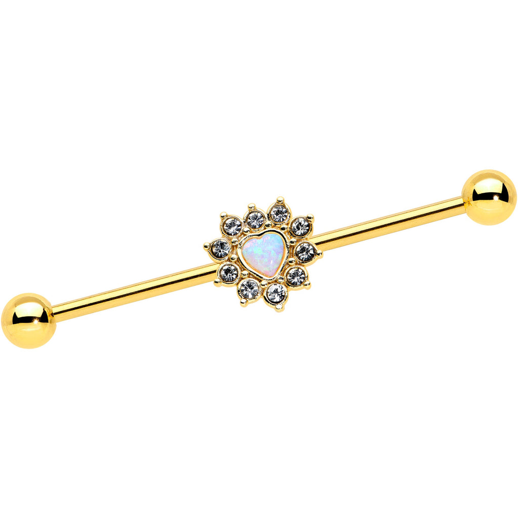 BodyCandy 14G White Synth Opal Gold Tone Sun Heart Industrial Barbell 38mm — main product shot