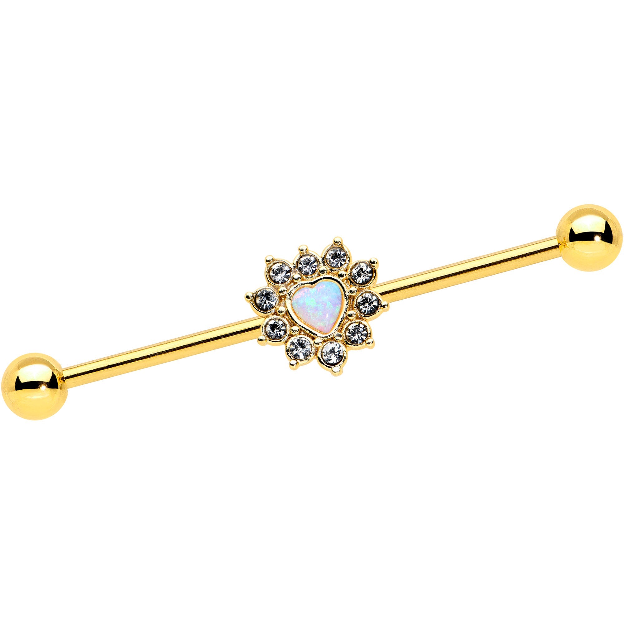 BodyCandy 14G White Synth Opal Gold Tone Sun Heart Industrial Barbell 38mm — main product shot
