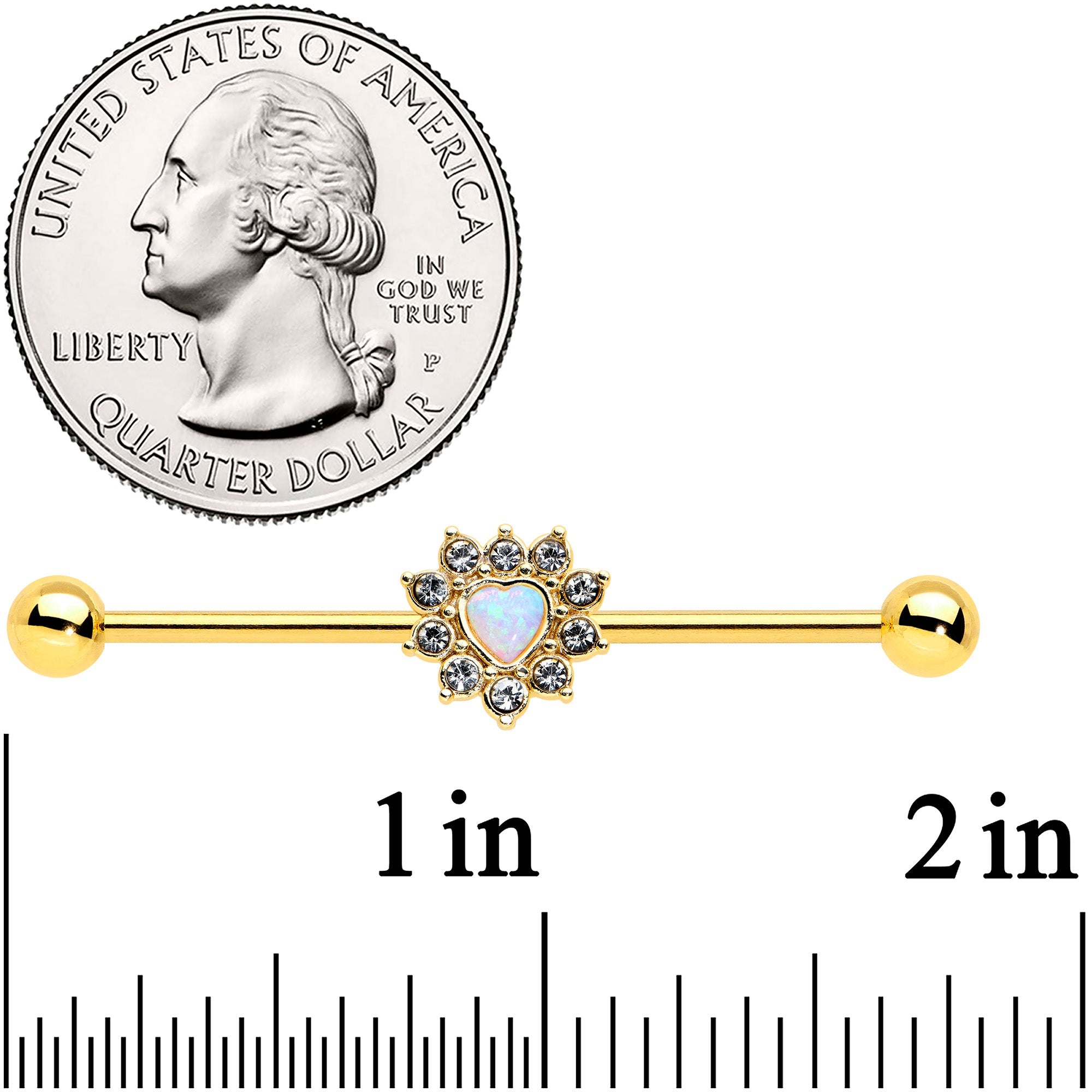 BodyCandy 14G White Synth Opal Gold Tone Sun Heart Industrial Barbell 38mm — detail close-up