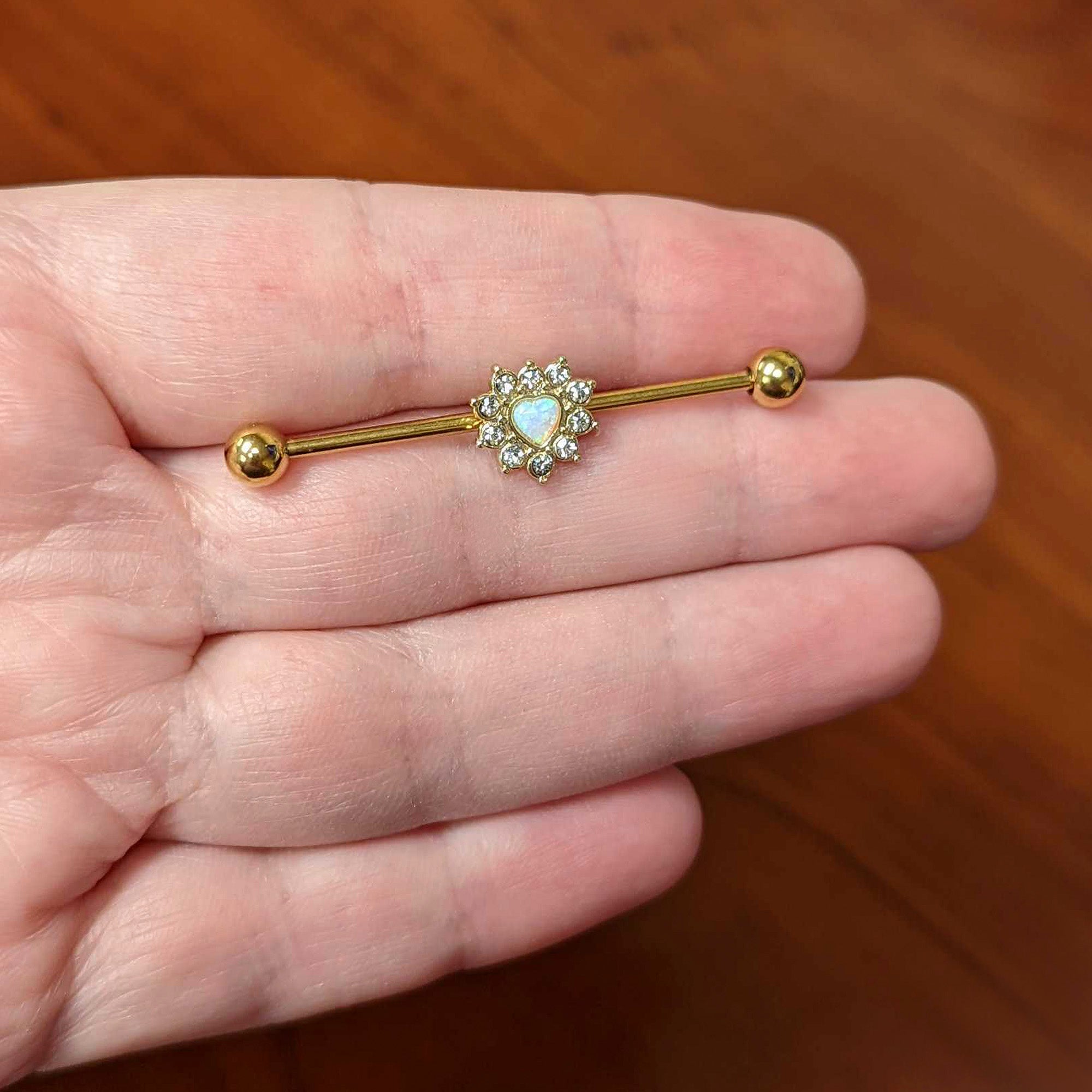 BodyCandy 14G White Synth Opal Gold Tone Sun Heart Industrial Barbell 38mm — lifestyle context