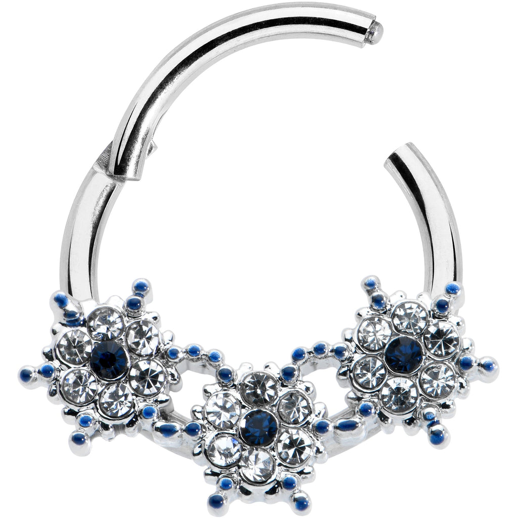 BodyCandy 16G 3/8 Clear Blue Gem Festive Trio Snowflake Hinged Segment Ring — detail close-up