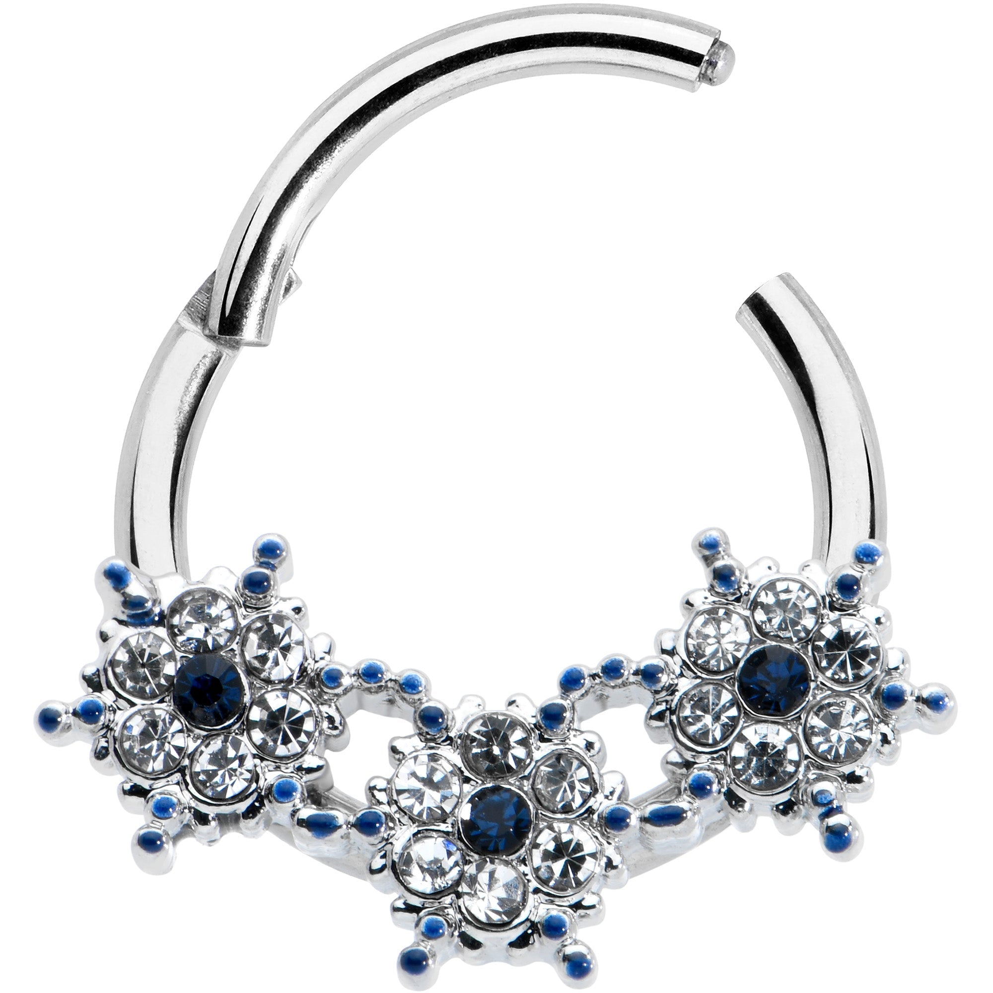 BodyCandy 16G 3/8 Clear Blue Gem Festive Trio Snowflake Hinged Segment Ring — detail close-up