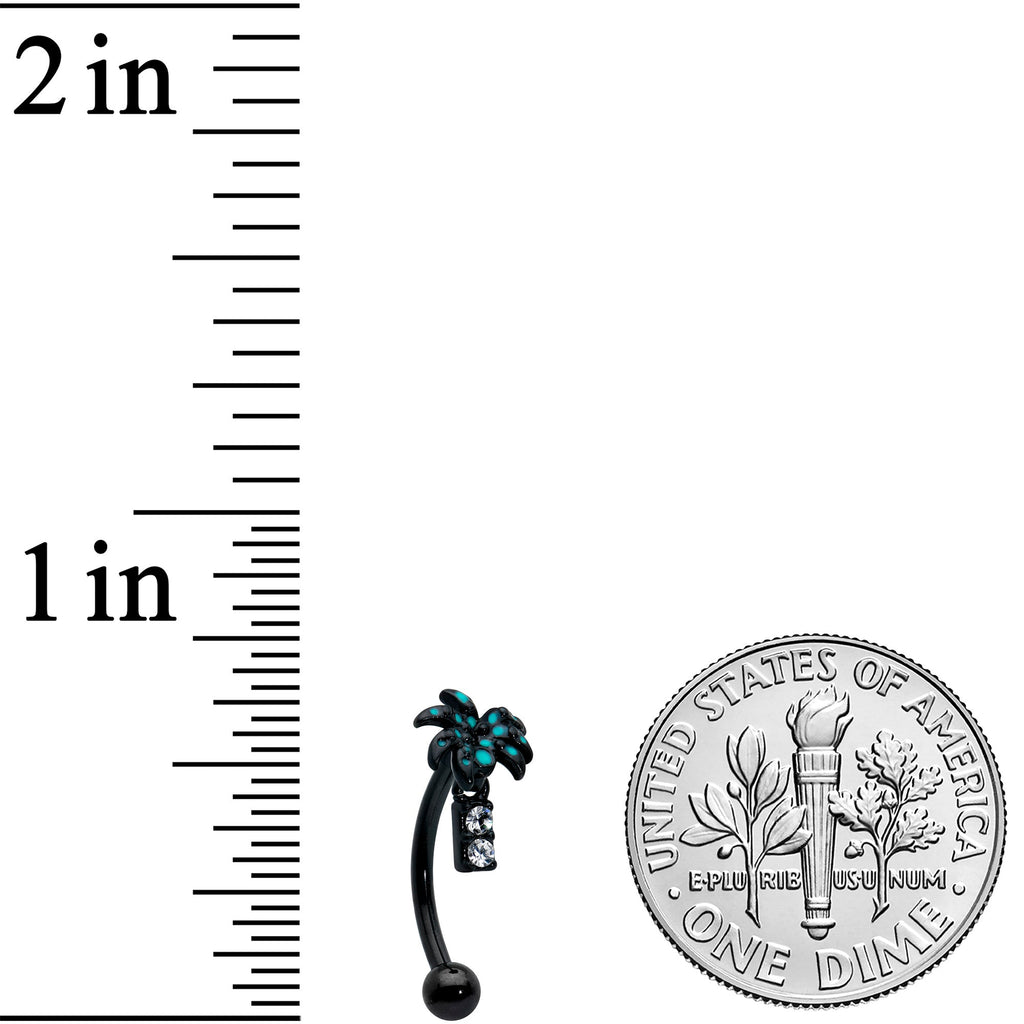 BodyCandy 16G 5/16 Black Night Palm Tree Dangle Curved Eyebrow Ring — detail close-up