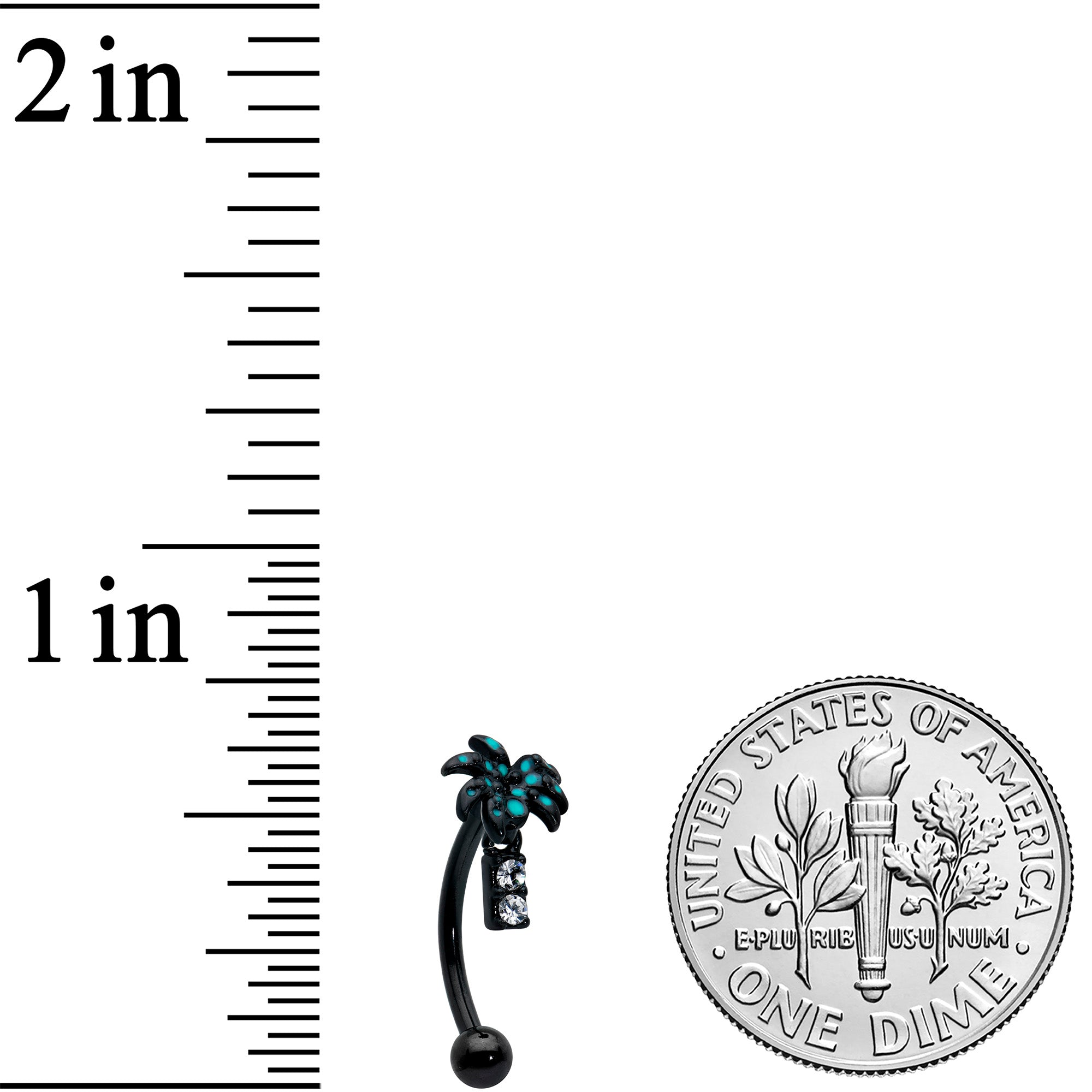 BodyCandy 16G 5/16 Black Night Palm Tree Dangle Curved Eyebrow Ring — detail close-up