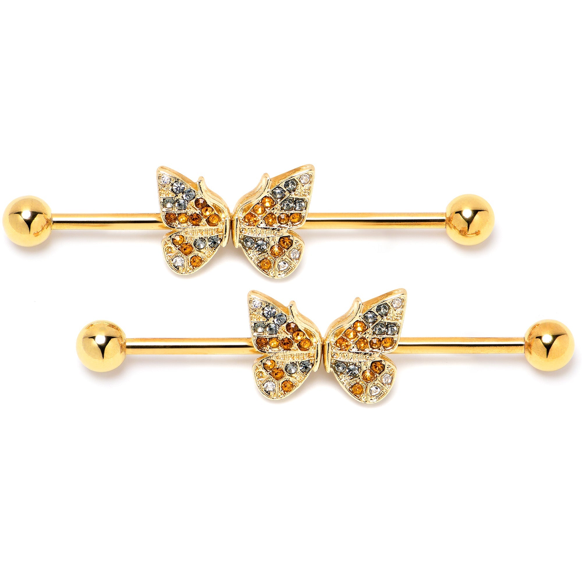 BodyCandy 14G Orange Gem Gold Tone Butterfly Wings Industrial Barbell 38mm — detail close-up
