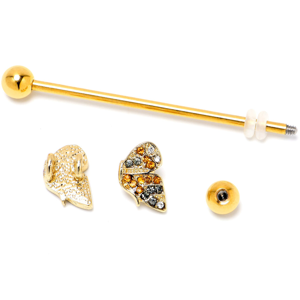 BodyCandy 14G Orange Gem Gold Tone Butterfly Wings Industrial Barbell 38mm — side view