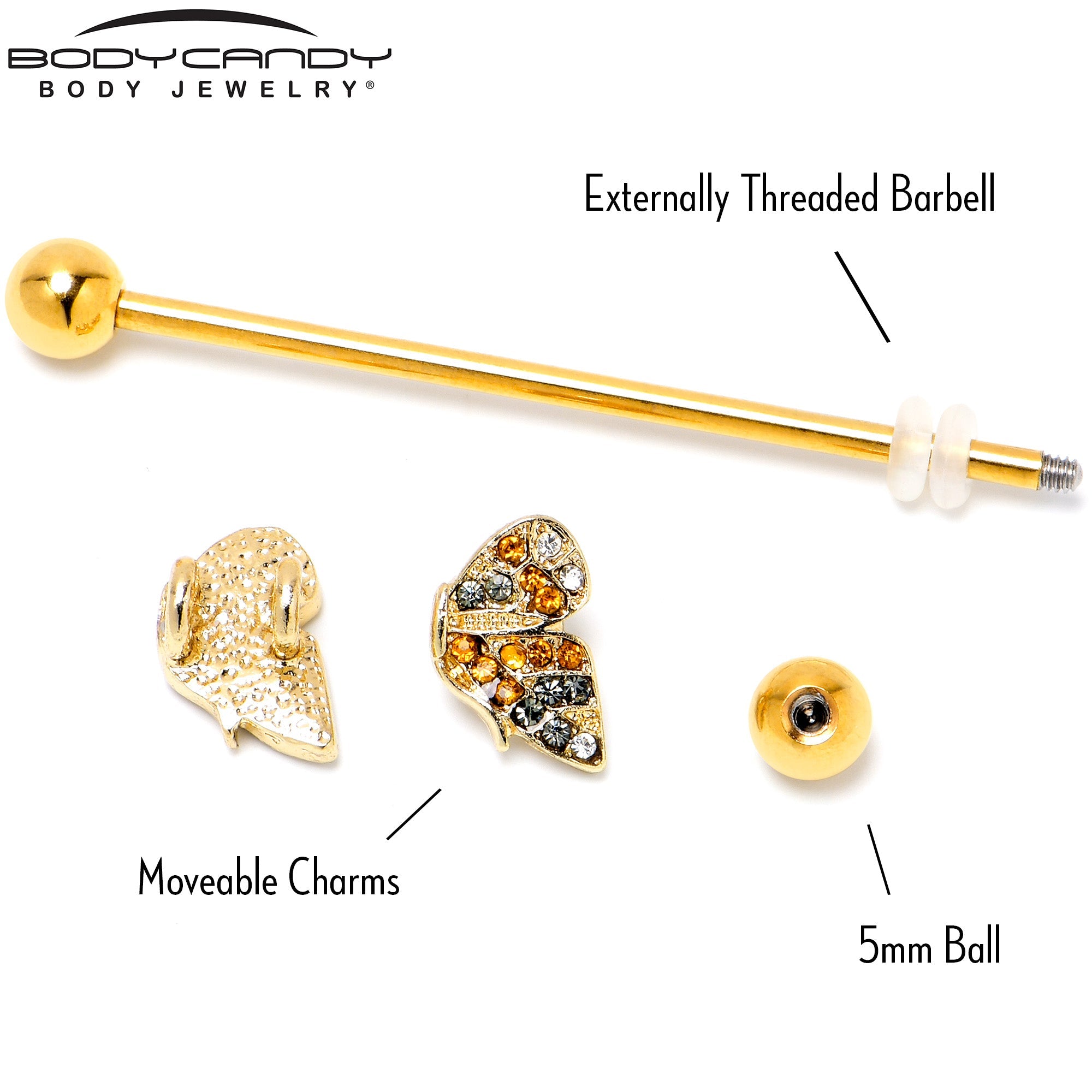 BodyCandy 14G Orange Gem Gold Tone Butterfly Wings Industrial Barbell 38mm — back view