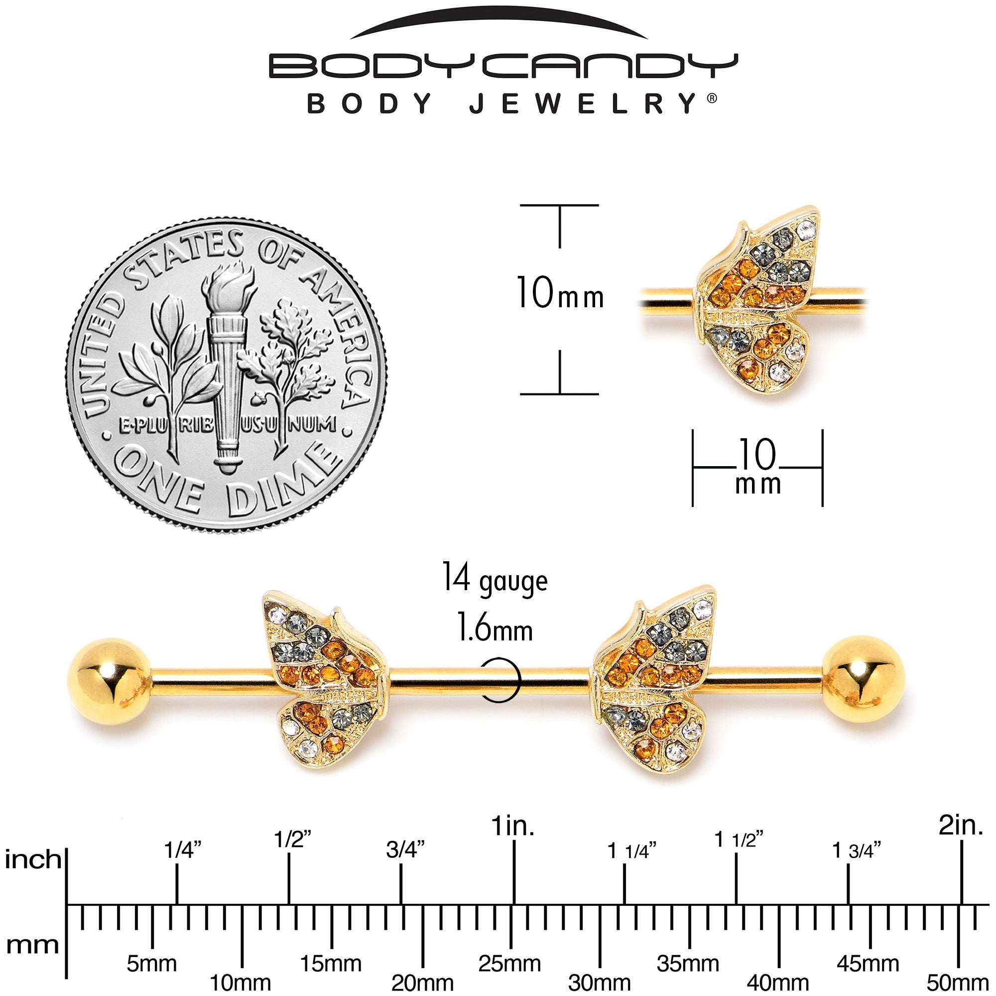 BodyCandy 14G Orange Gem Gold Tone Butterfly Wings Industrial Barbell 38mm — alternative angle