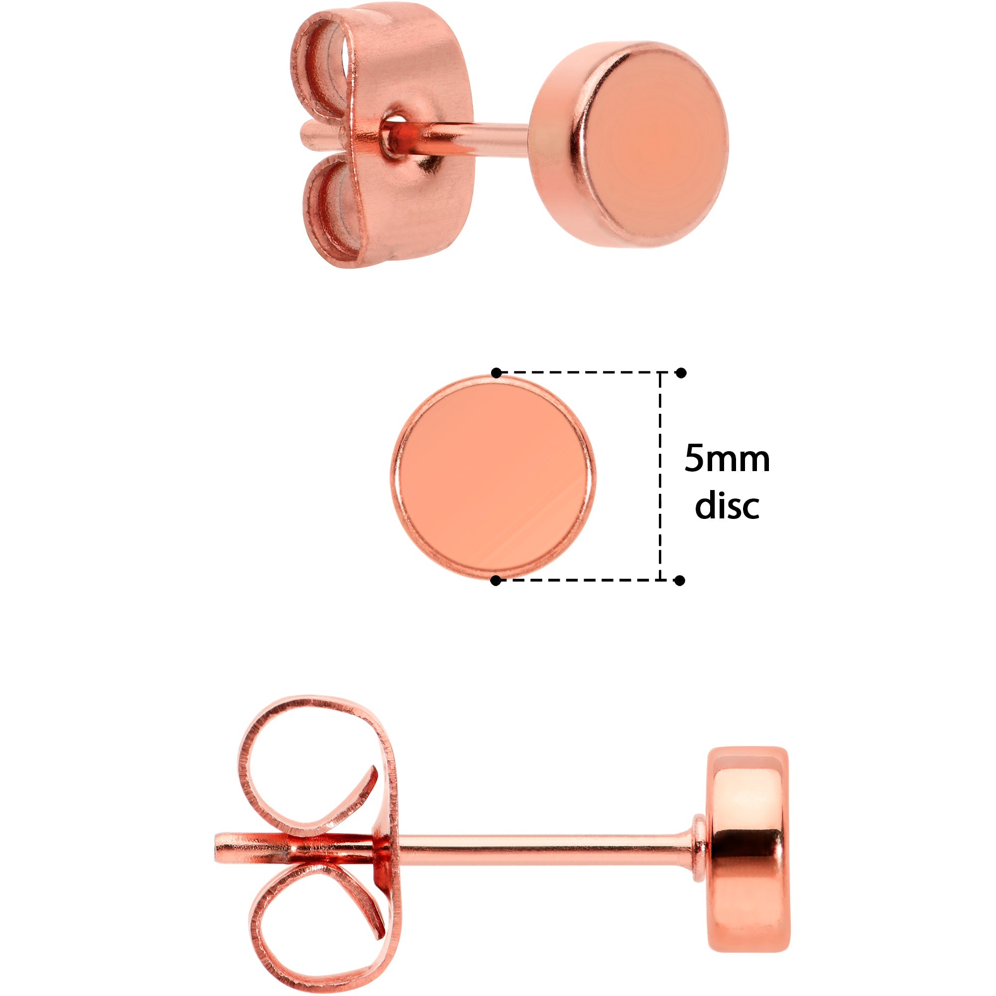 BodyCandy 20G Rose Gold PVD Stainless Steel Flat Disc Stud Earrings Set of 6 — detail close-up