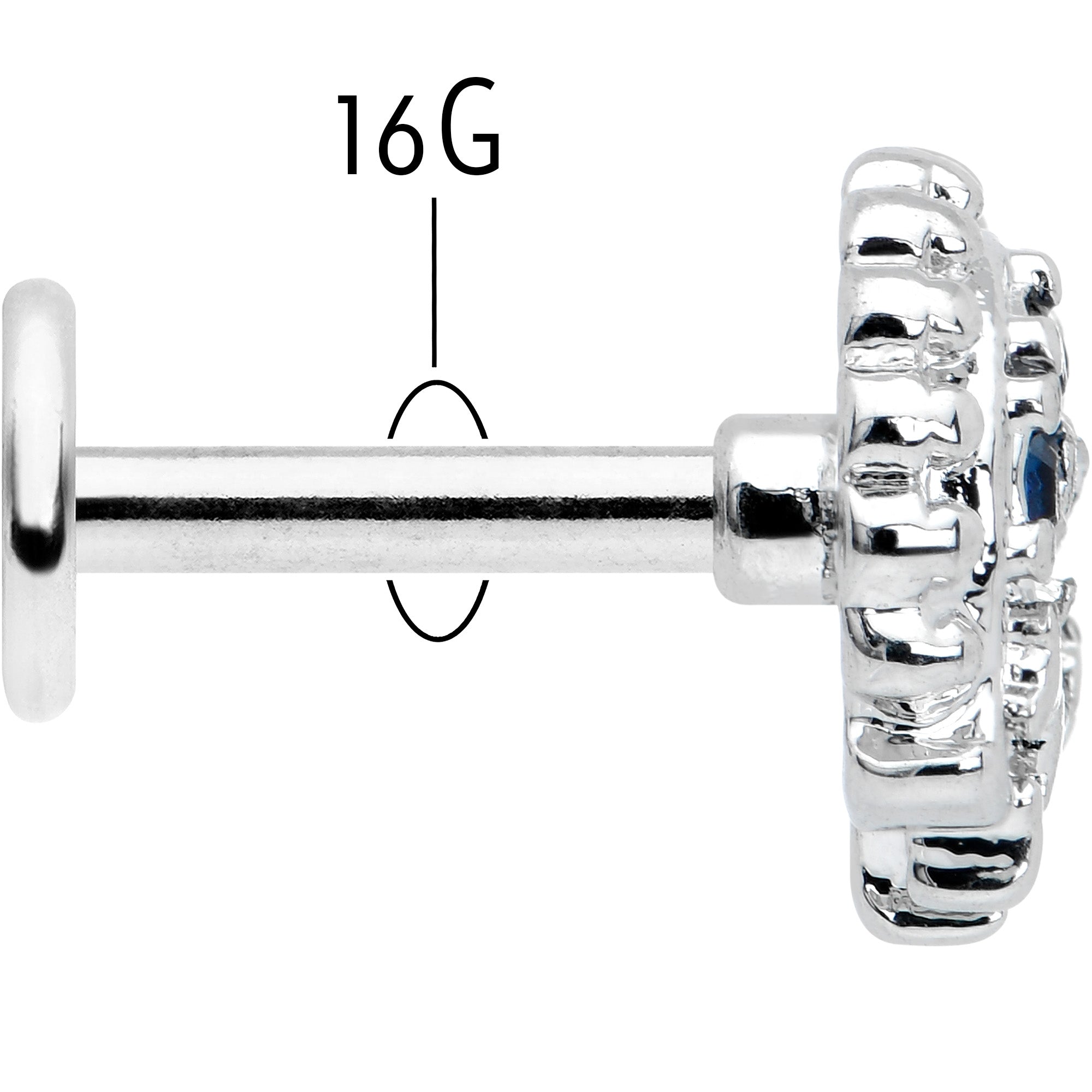 BodyCandy 16G 1/4 Blue Clear Gem Abstract Arch Labret — back view