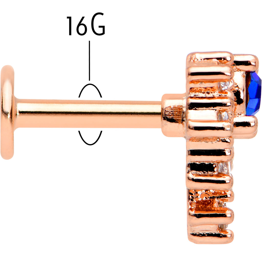 BodyCandy 16G 1/4 Blue Clear Gem Rose Gold Tone Glamour Flare Labret — back view