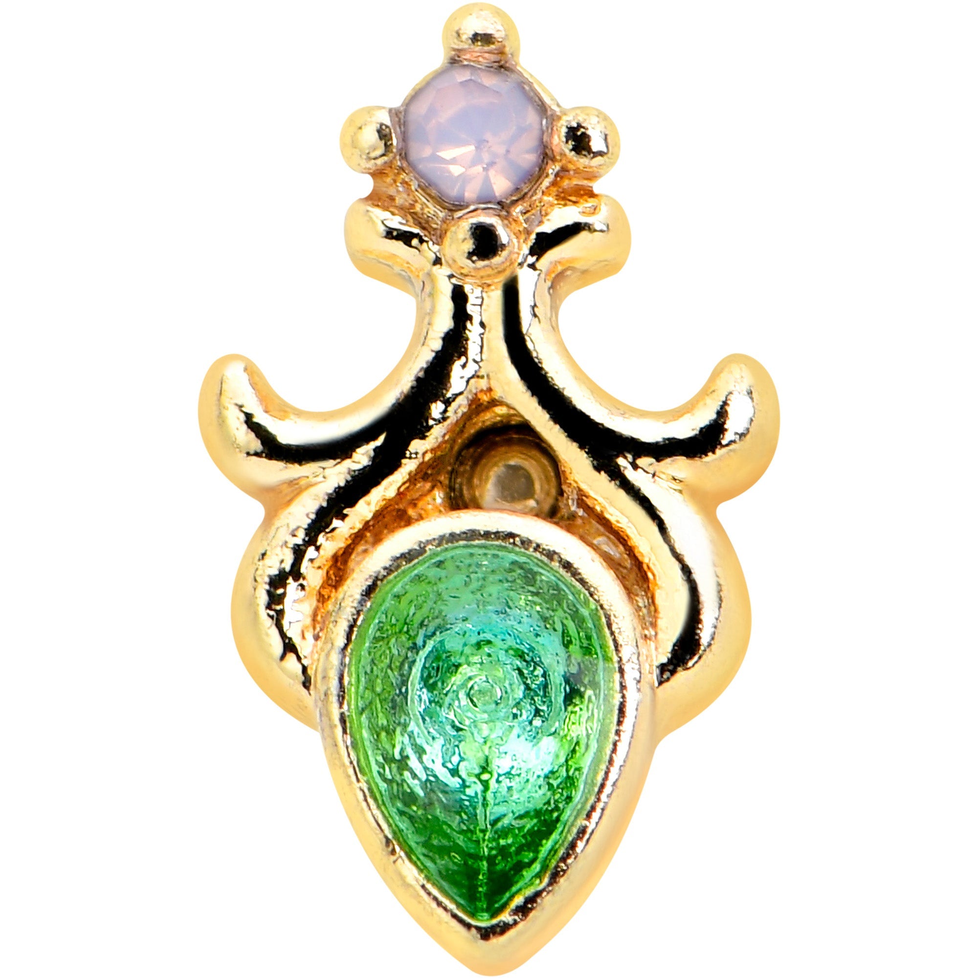 BodyCandy 16G 1/4 Green Gem Gold Tone Shades of Spring Labret — detail close-up