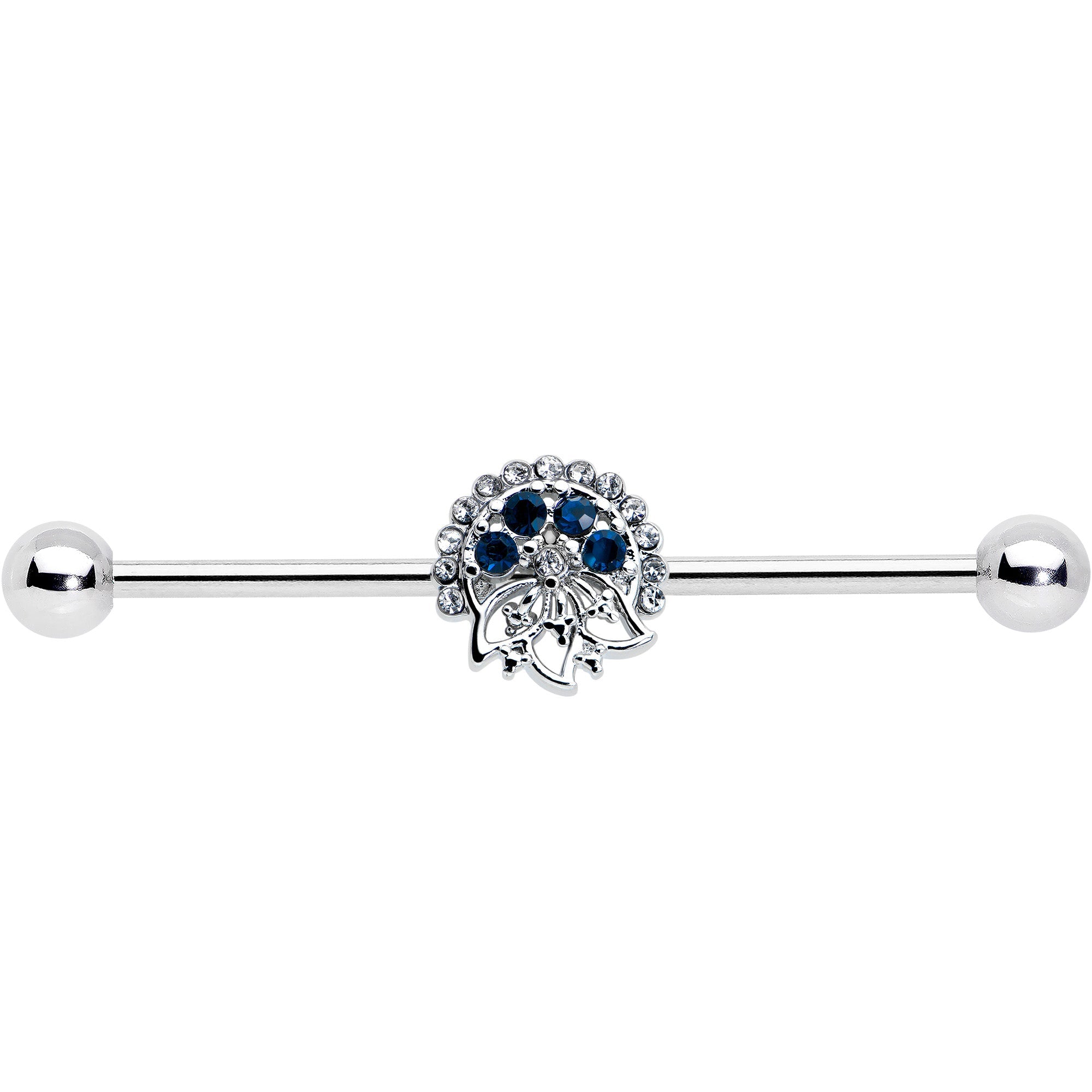BodyCandy 14G Blue Gem Abstract Arch Industrial Barbell 38mm — detail close-up