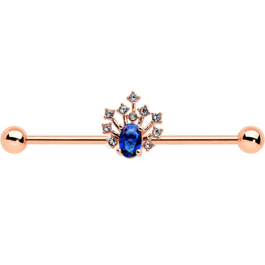 BodyCandy 14G Blue Gem Rose Gold Tone Glamour Flare Industrial Barbell 38mm — detail close-up