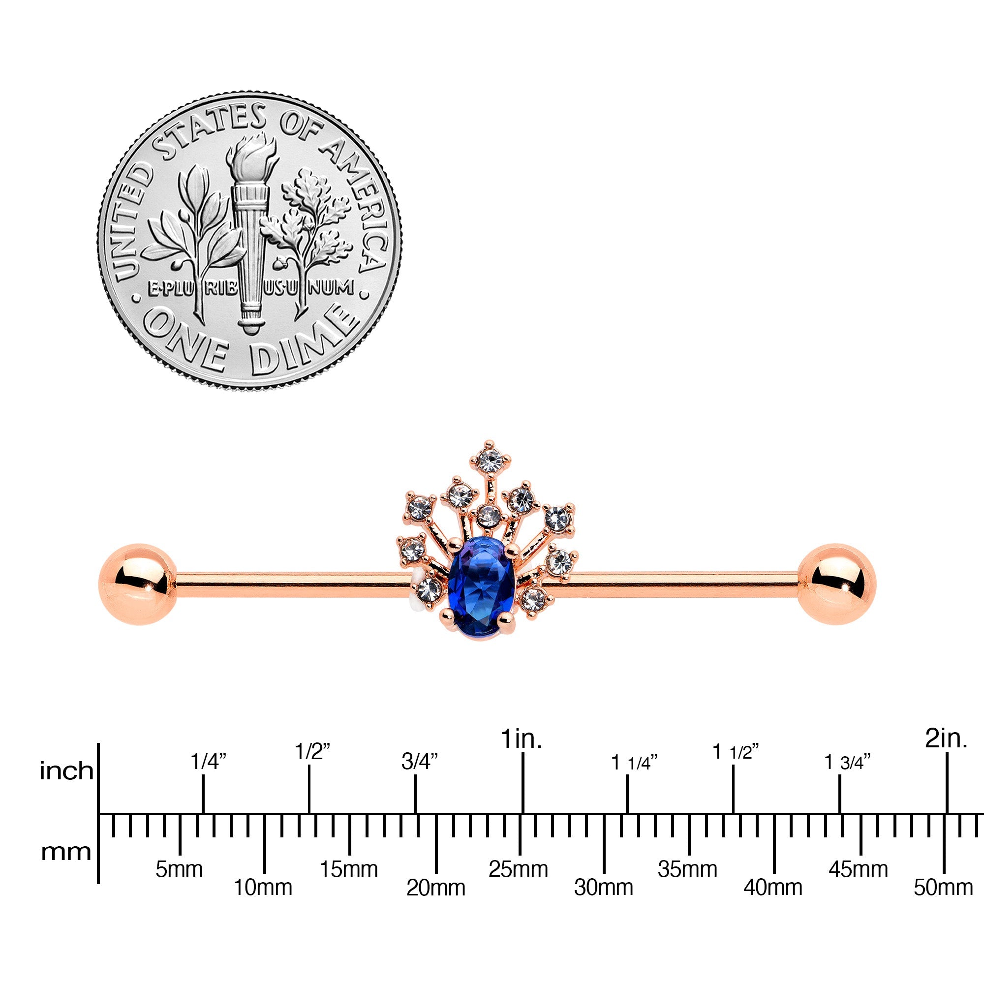 BodyCandy 14G Blue Gem Rose Gold Tone Glamour Flare Industrial Barbell 38mm — lifestyle context