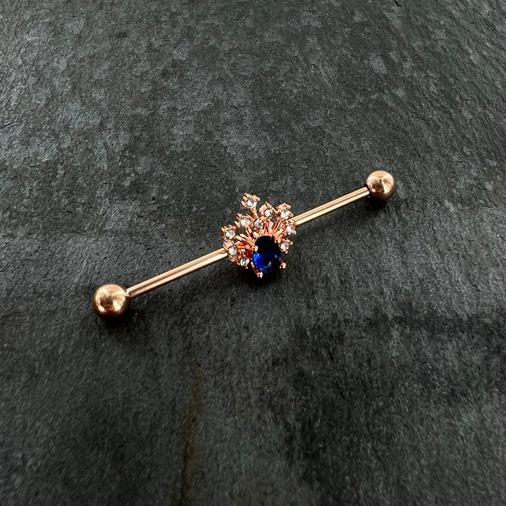 BodyCandy 14G Blue Gem Rose Gold Tone Glamour Flare Industrial Barbell 38mm — side view