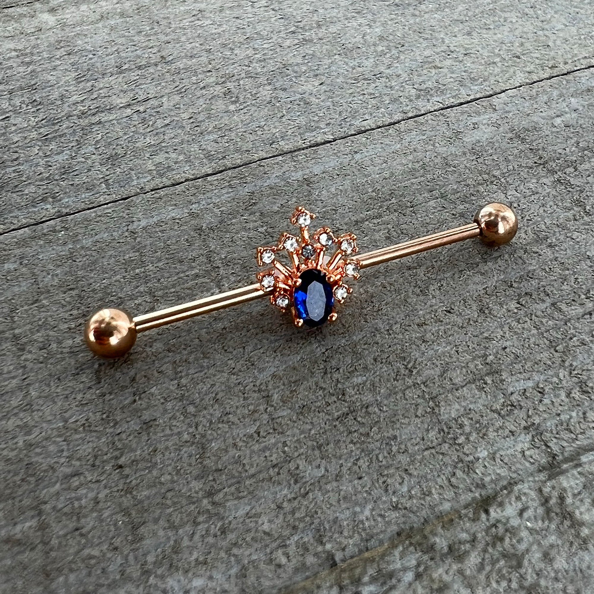 BodyCandy 14G Blue Gem Rose Gold Tone Glamour Flare Industrial Barbell 38mm — back view