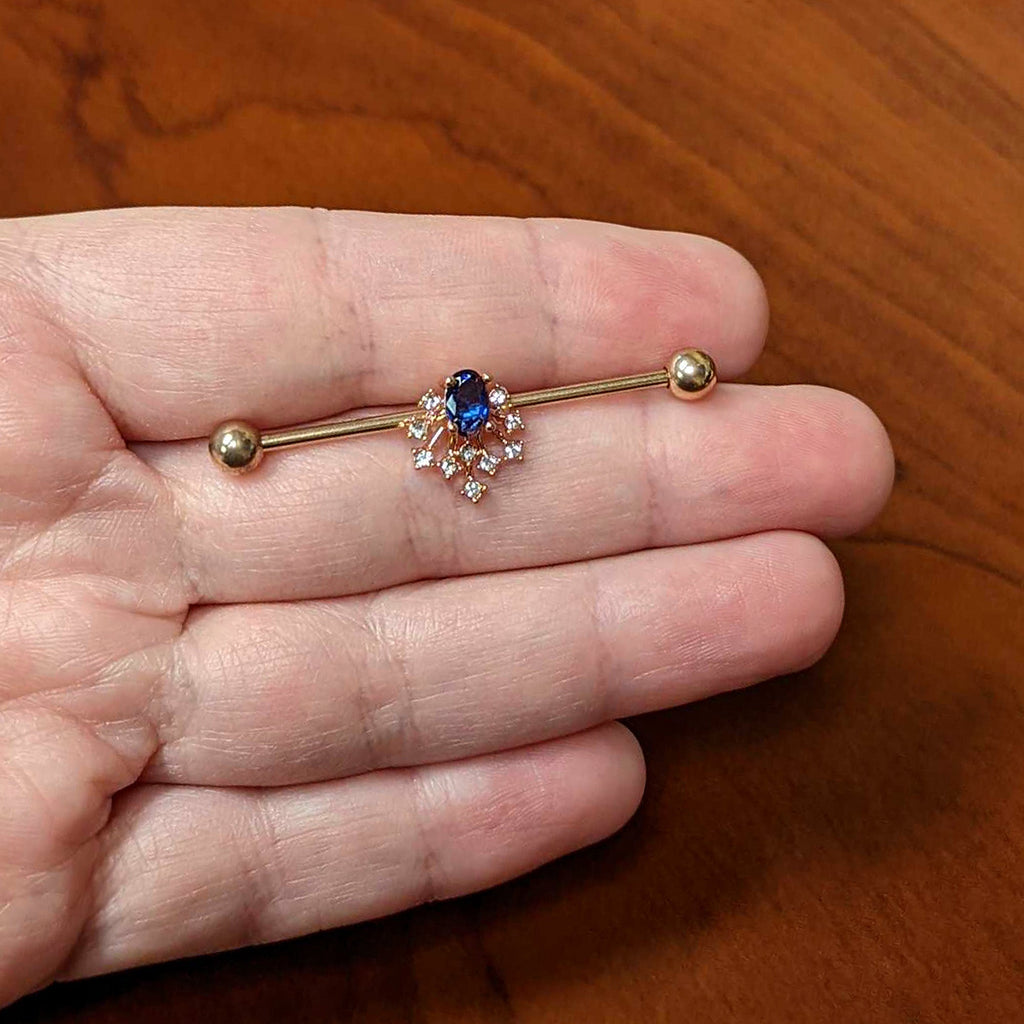 BodyCandy 14G Blue Gem Rose Gold Tone Glamour Flare Industrial Barbell 38mm — alternative angle