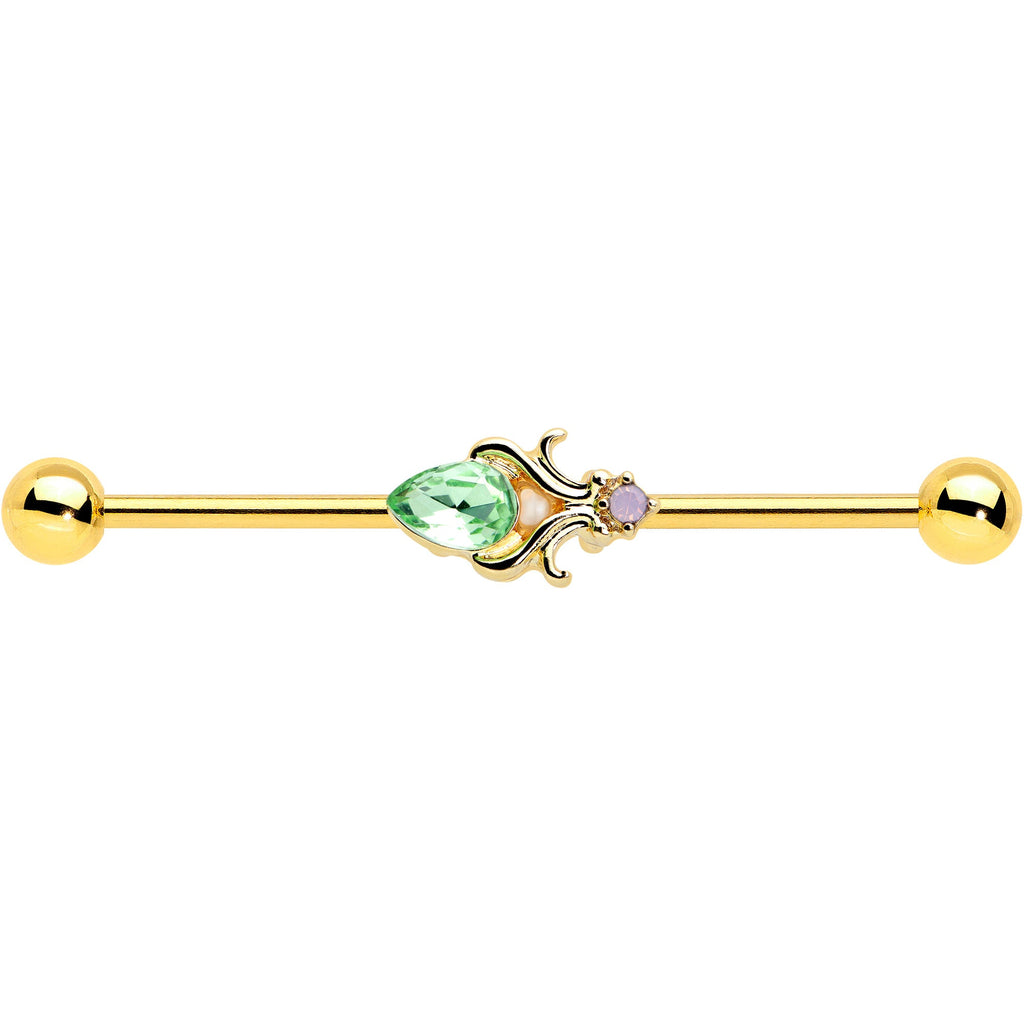 BodyCandy 14G Green Gem Gold Tone Shades of Spring Industrial Barbell 38mm — detail close-up