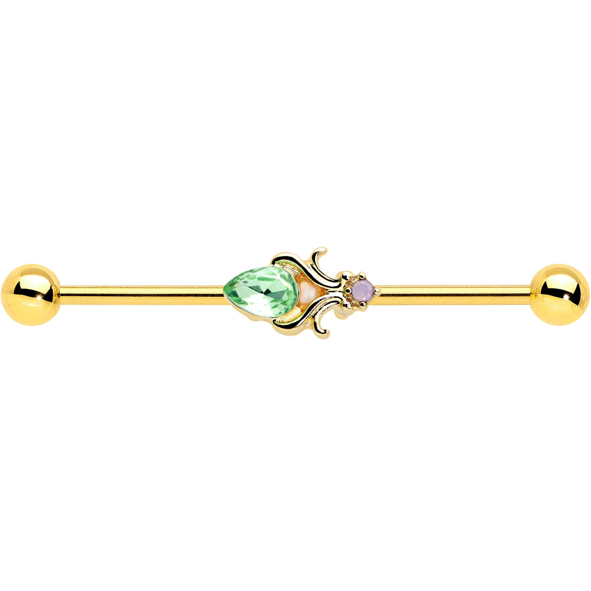 BodyCandy 14G Green Gem Gold Tone Shades of Spring Industrial Barbell 38mm — detail close-up