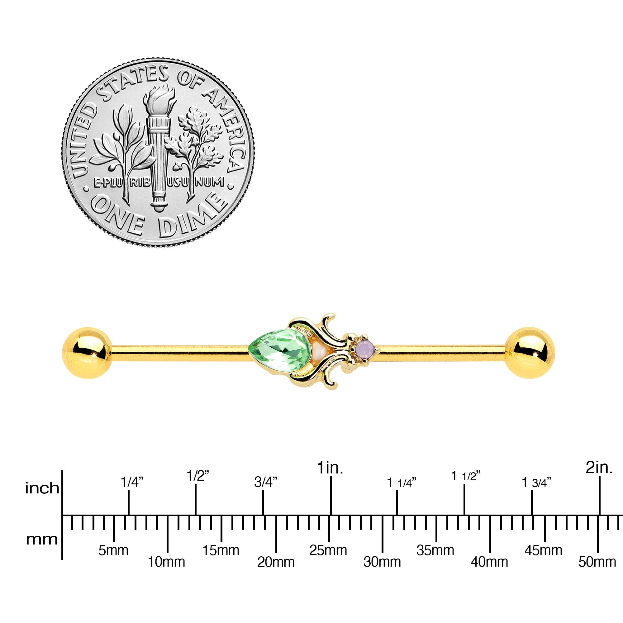 BodyCandy 14G Green Gem Gold Tone Shades of Spring Industrial Barbell 38mm — lifestyle context