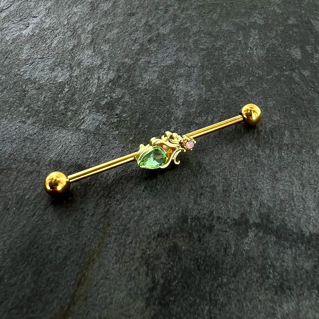 BodyCandy 14G Green Gem Gold Tone Shades of Spring Industrial Barbell 38mm — side view