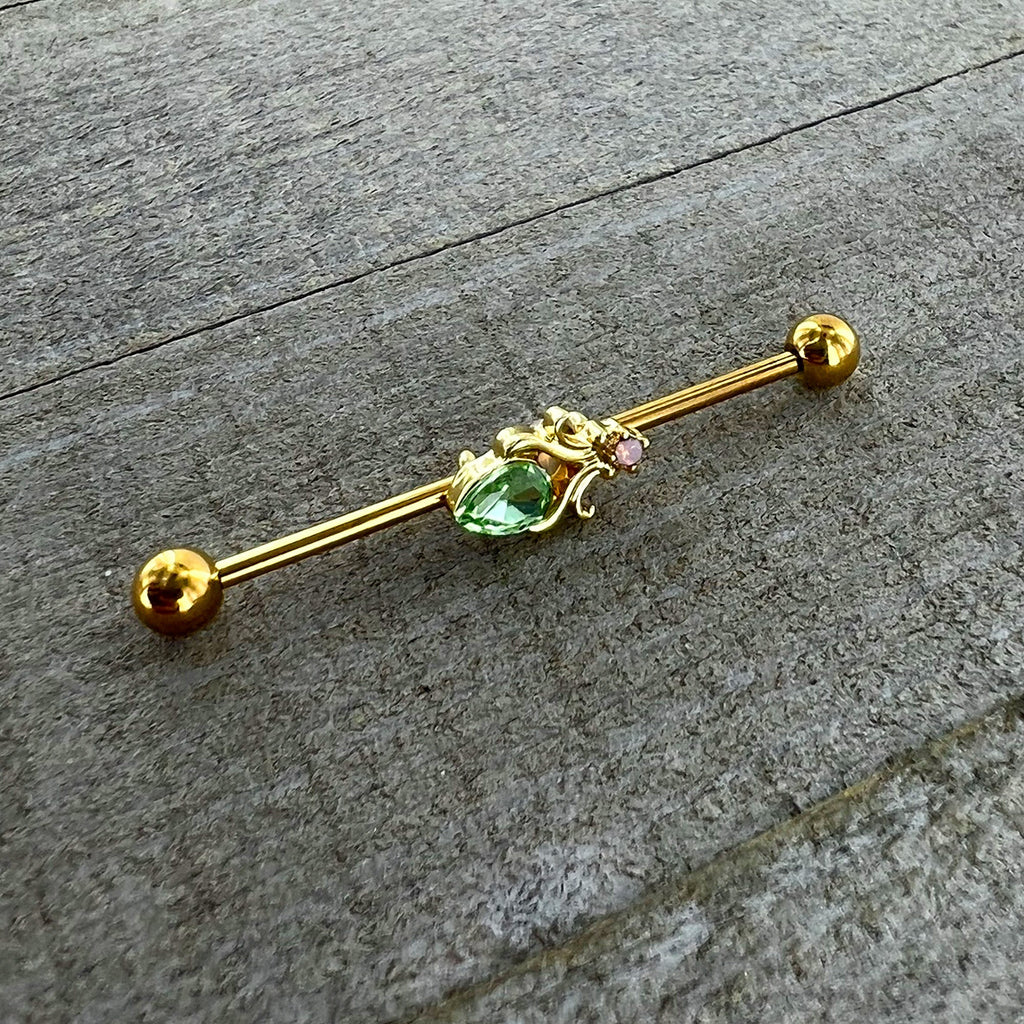 BodyCandy 14G Green Gem Gold Tone Shades of Spring Industrial Barbell 38mm — back view
