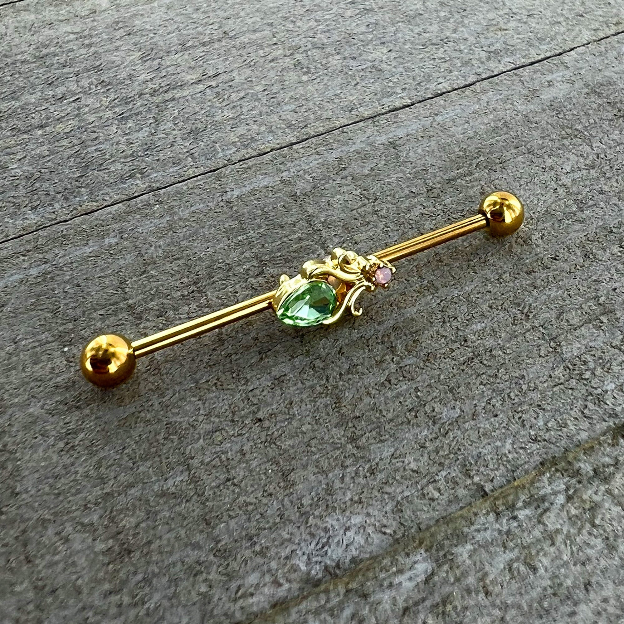 BodyCandy 14G Green Gem Gold Tone Shades of Spring Industrial Barbell 38mm — back view