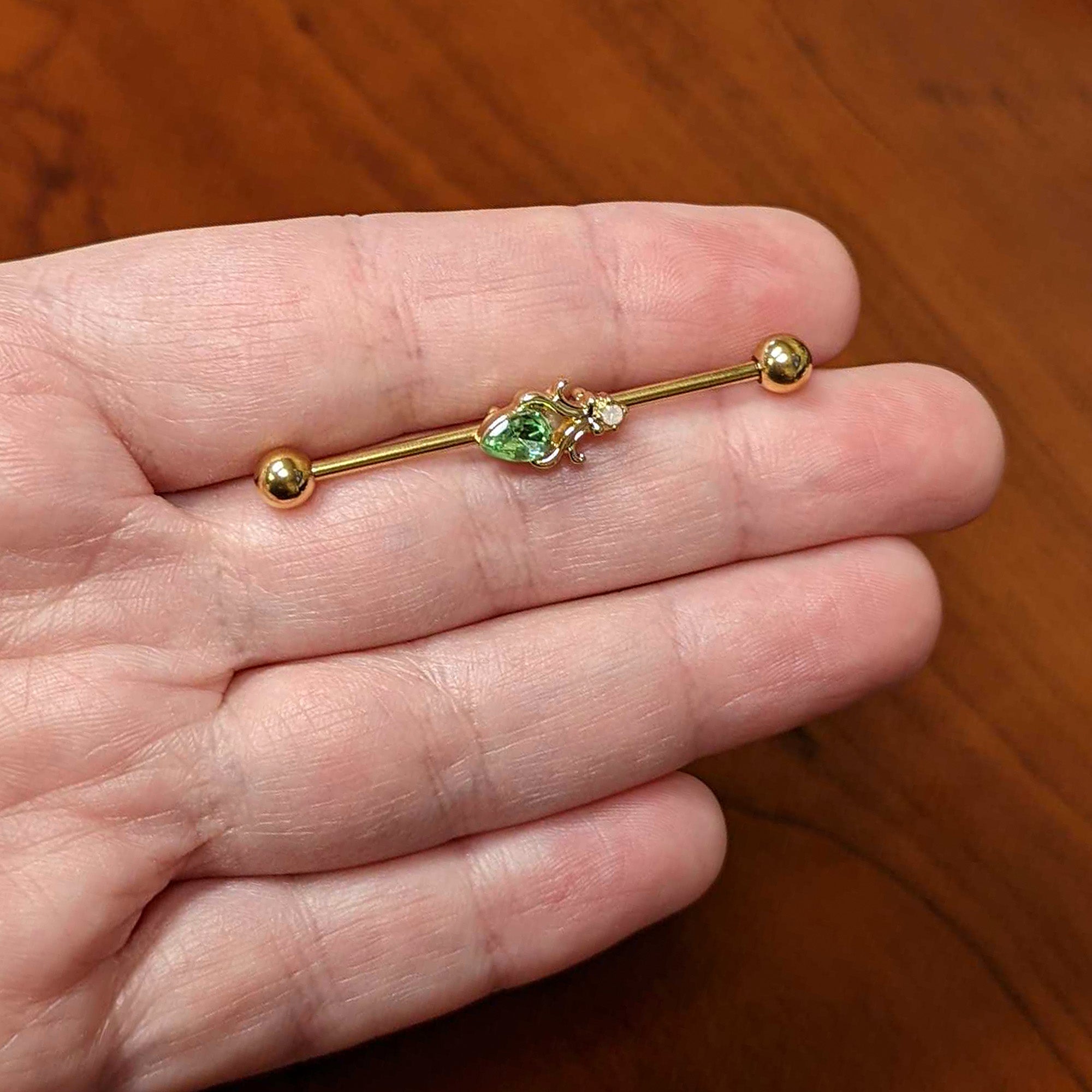 BodyCandy 14G Green Gem Gold Tone Shades of Spring Industrial Barbell 38mm — alternative angle