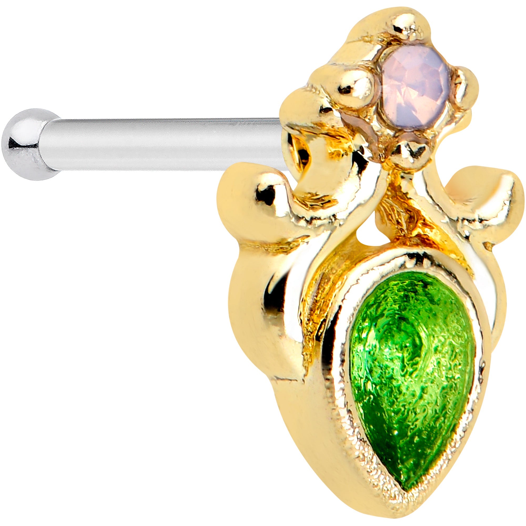 BodyCandy 20G 1/4 Green Gem Shades of Spring Golden Nose Bone — main product shot