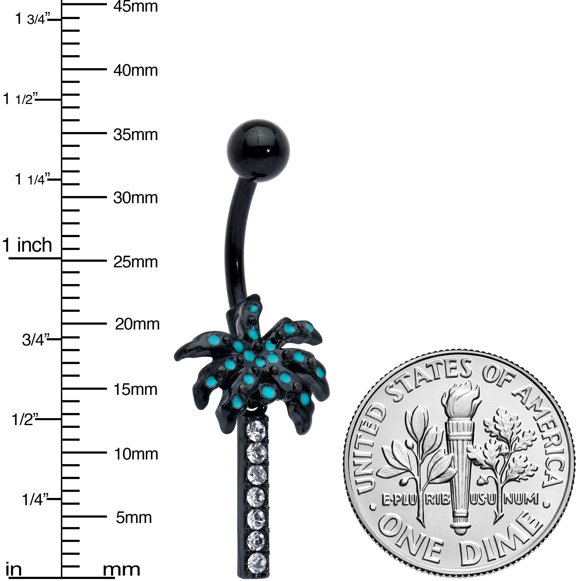 BodyCandy Clear Gem Black Night Palm Tree Dangle Belly Ring — detail close-up