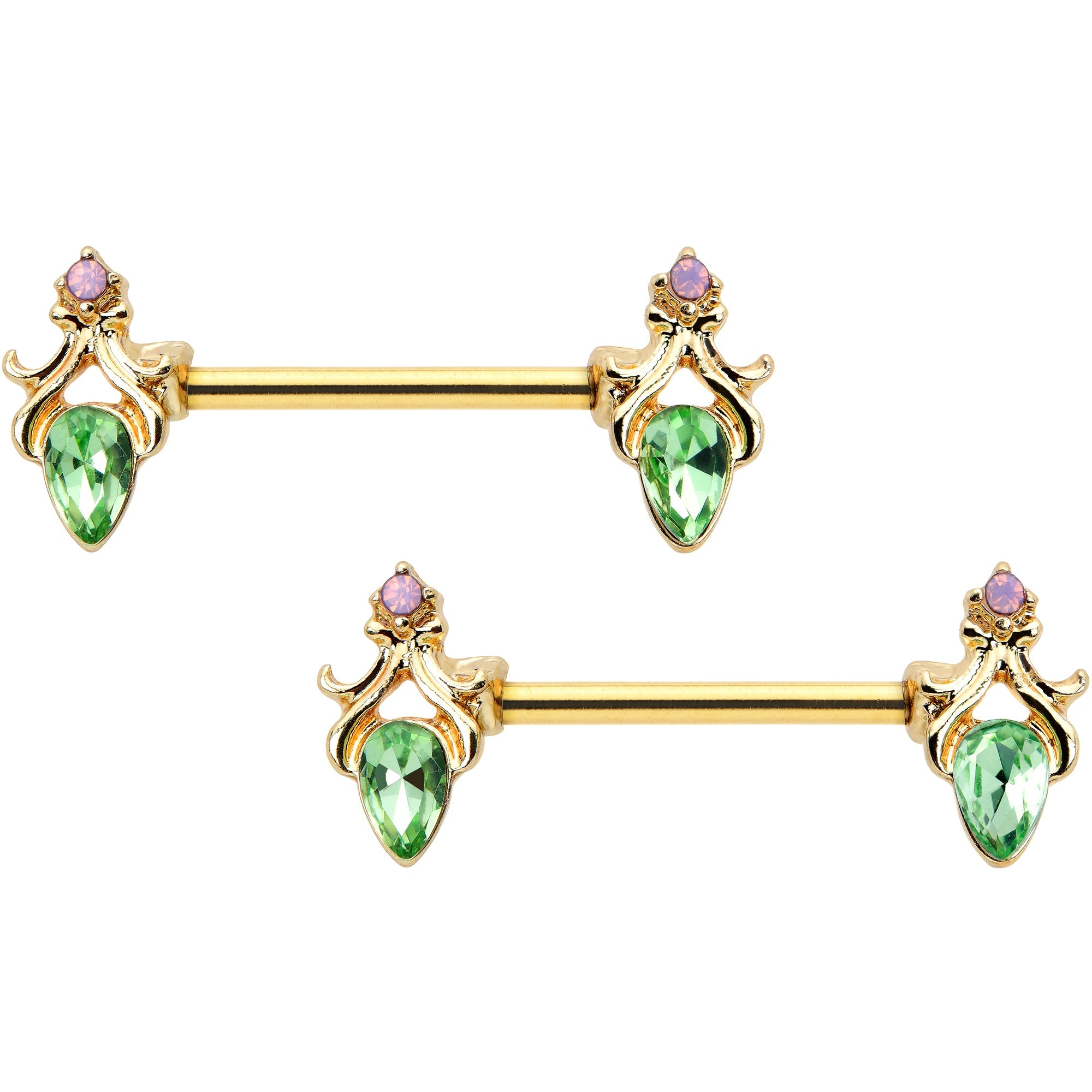 BodyCandy 14G 9/16 Green Gem Gold Hue Spring Shades Barbell Nipple Ring Set — main product shot
