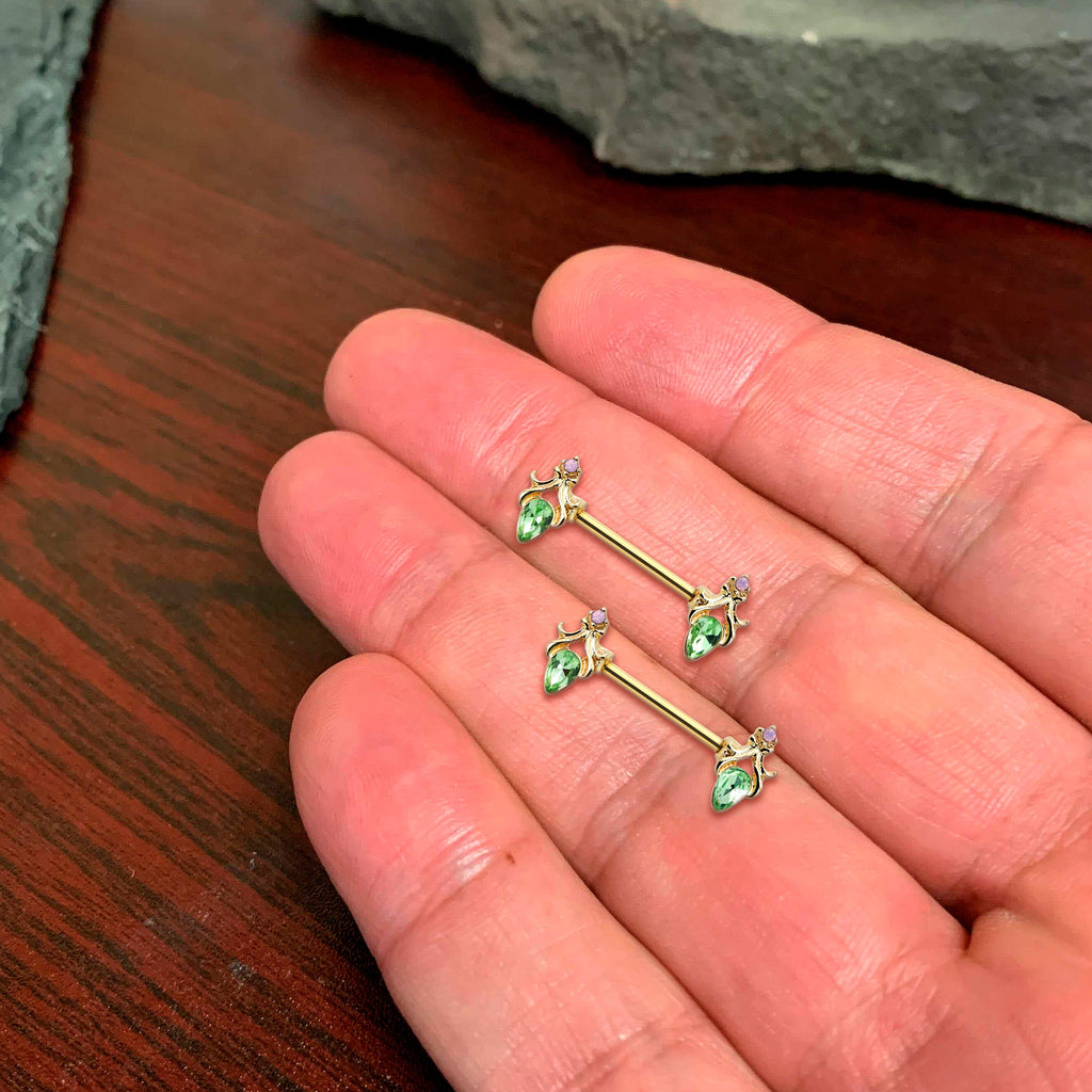 BodyCandy 14G 9/16 Green Gem Gold Hue Spring Shades Barbell Nipple Ring Set — detail close-up