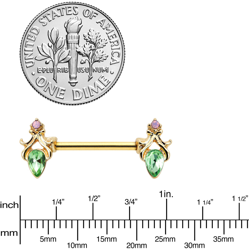 BodyCandy 14G 9/16 Green Gem Gold Hue Spring Shades Barbell Nipple Ring Set — lifestyle context