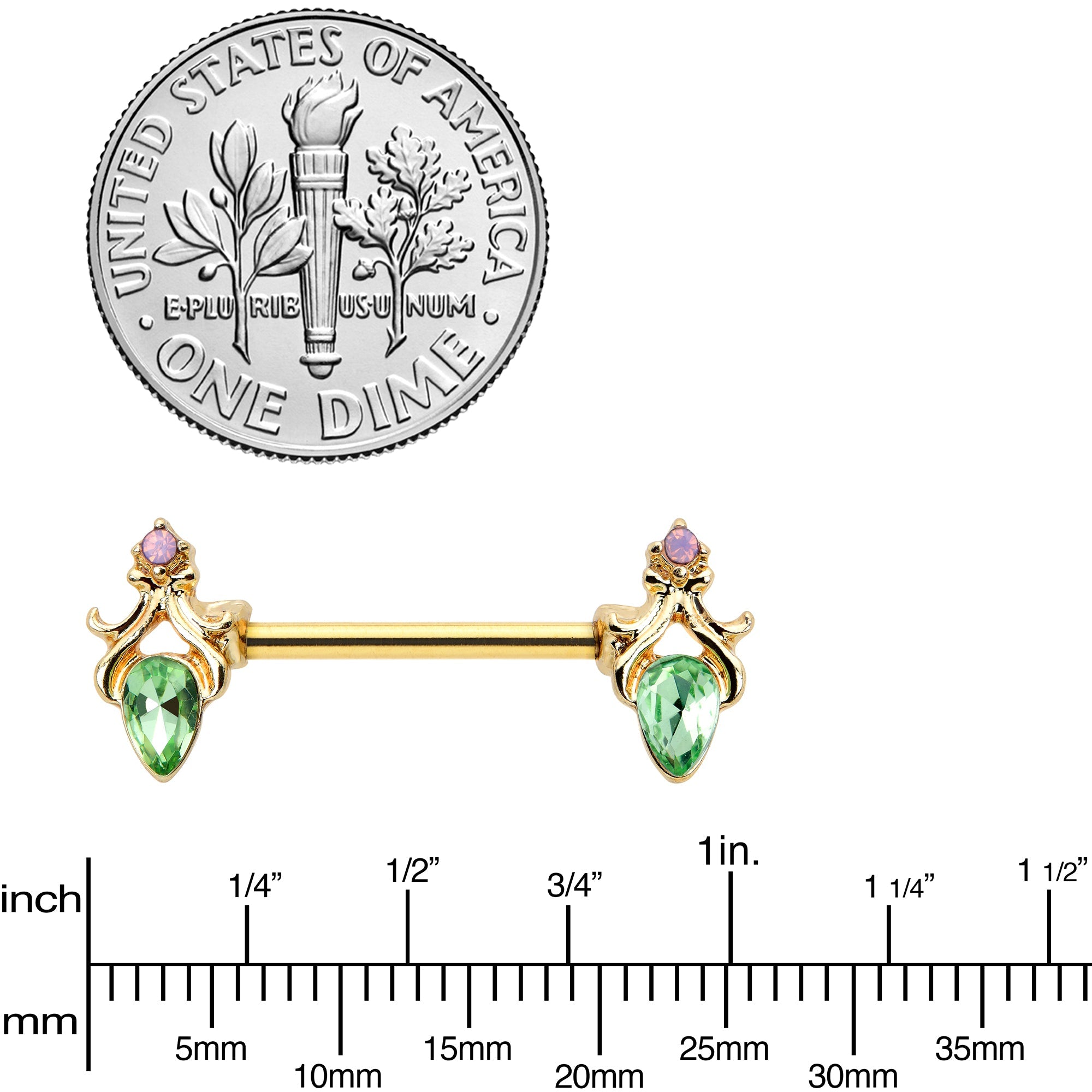 BodyCandy 14G 9/16 Green Gem Gold Hue Spring Shades Barbell Nipple Ring Set — lifestyle context