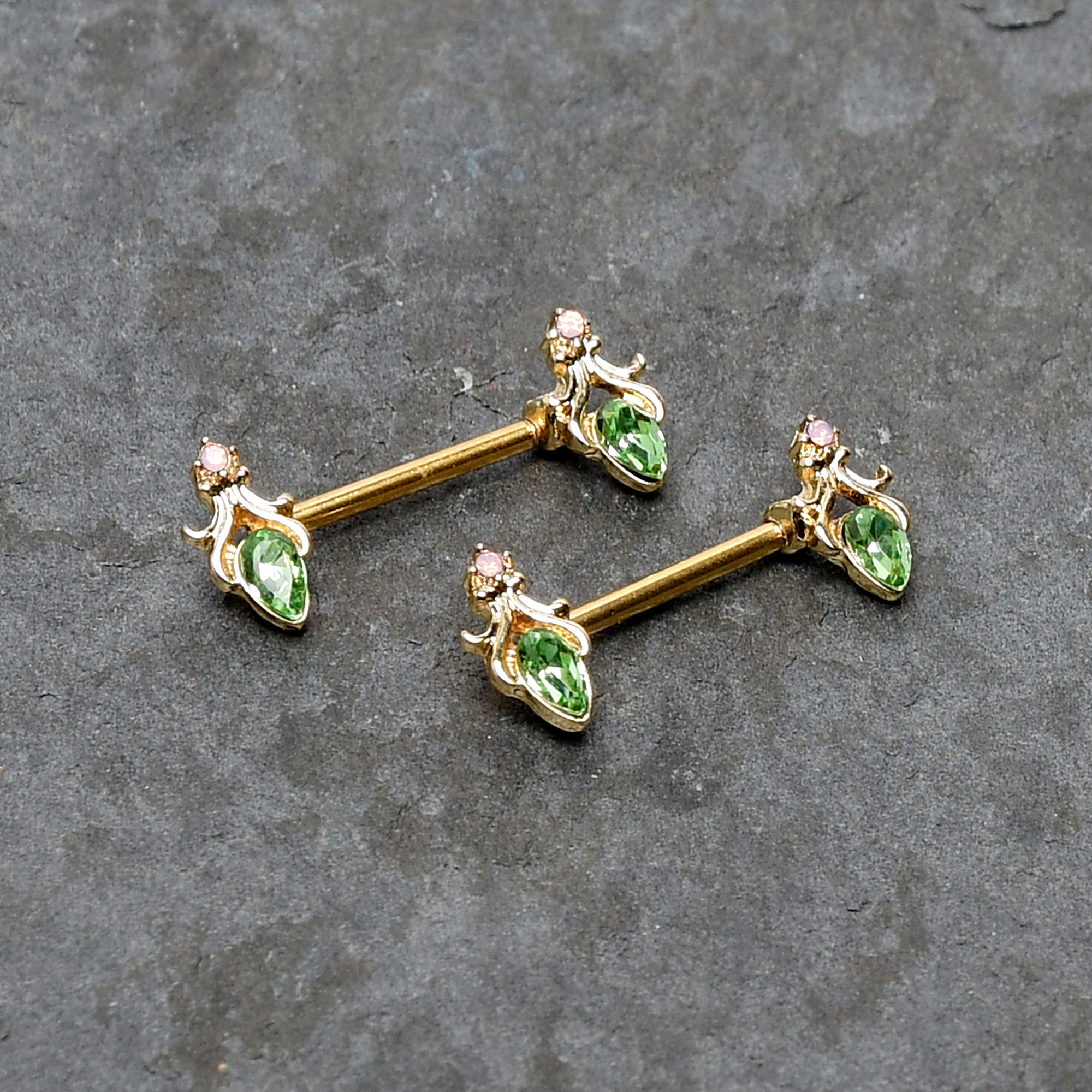 BodyCandy 14G 9/16 Green Gem Gold Hue Spring Shades Barbell Nipple Ring Set — back view