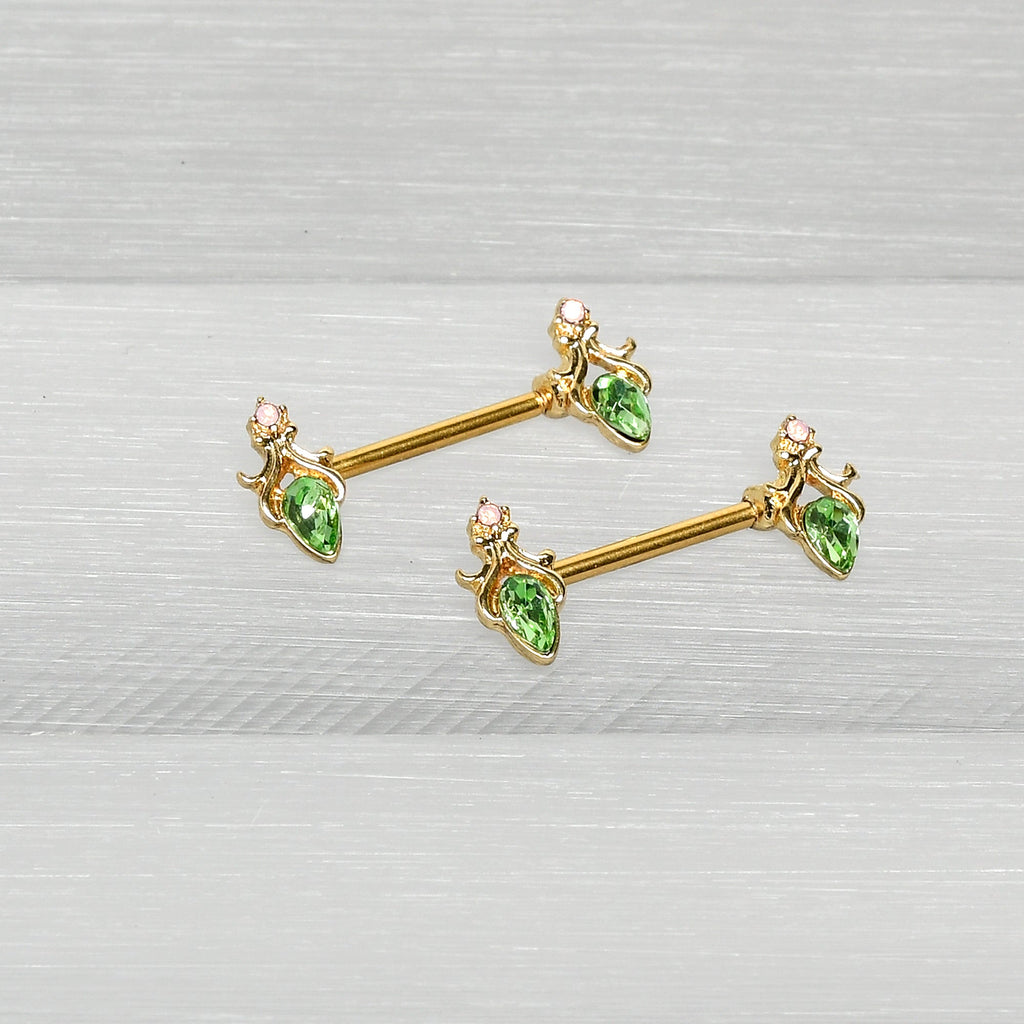 BodyCandy 14G 9/16 Green Gem Gold Hue Spring Shades Barbell Nipple Ring Set — alternative angle