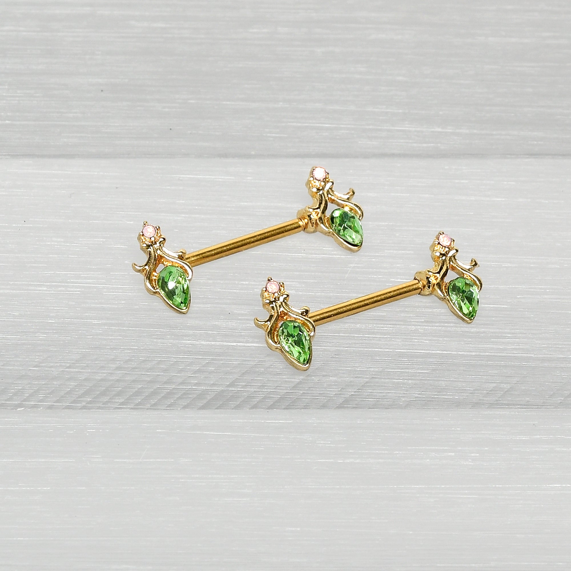 BodyCandy 14G 9/16 Green Gem Gold Hue Spring Shades Barbell Nipple Ring Set — alternative angle