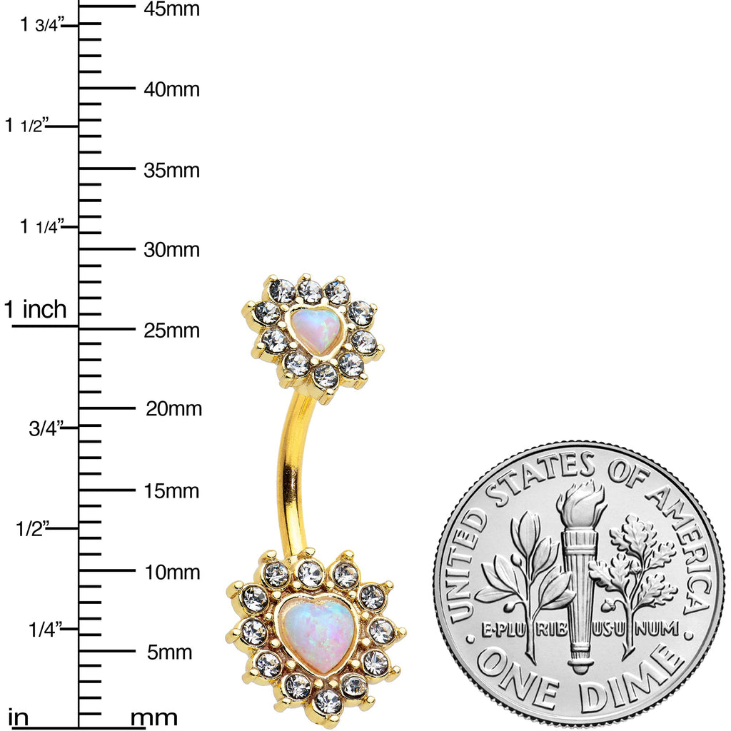 BodyCandy White Synthetic Opal Gold Tone Heart Sun Double Mount Belly Ring — detail close-up