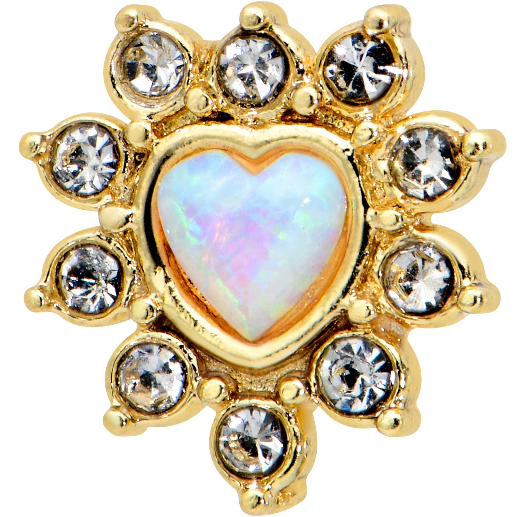 BodyCandy 16G 5/16 White Faux Opal Gold Tone Sun Heart Labret Monroe Tragus — detail close-up