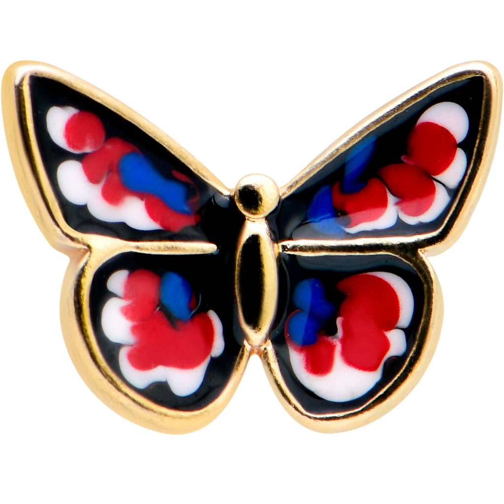 BodyCandy 16G 5/16 Gold Tone Red White Blue Butterfly Labret Monroe Tragus — detail close-up