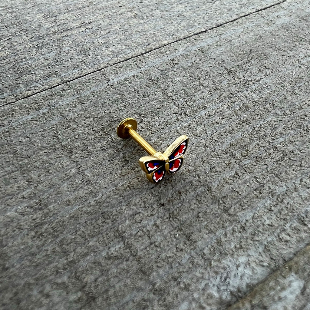 BodyCandy 16G 5/16 Gold Tone Red White Blue Butterfly Labret Monroe Tragus — in-use photo